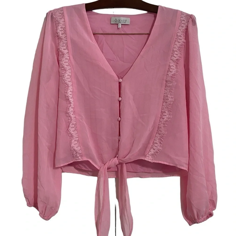 WAYF Pink Lace Trim Knotted Long Sleeve Blouse I Size: M - Picture 3 of 13